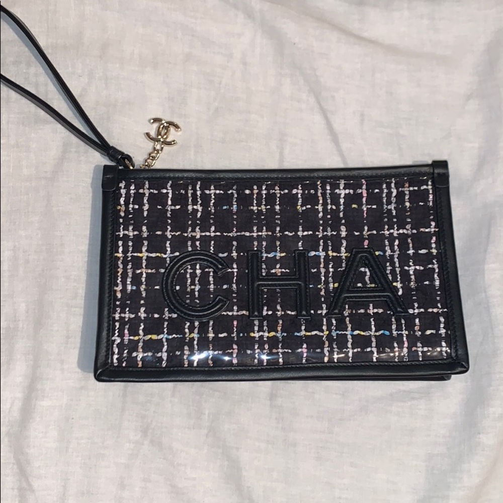 Large Chanel Tweed PVC Wrist Pouch